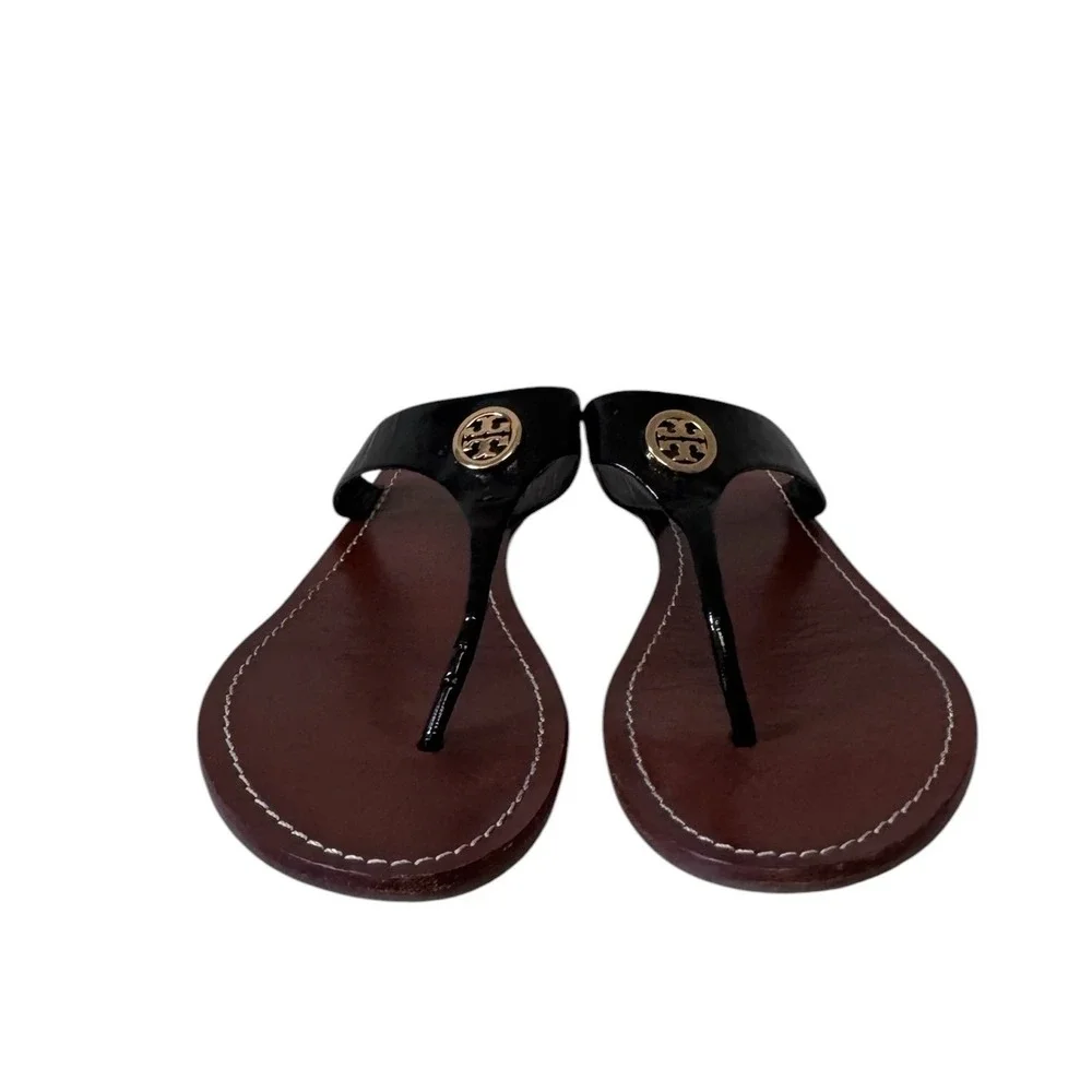 Tory Burch Miller Black Patent Leather Thong Sandals Brown Gold Logo Medallion